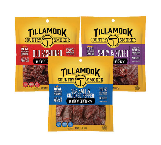 Image shows variety of Tillamook Country Smoker Beef Jerky