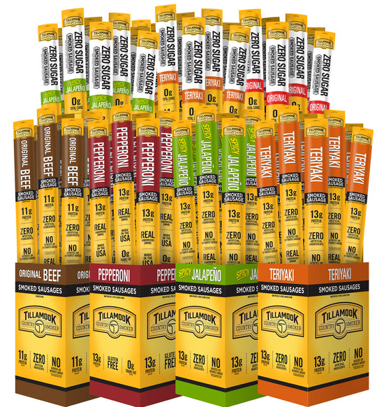 Image shows a variety of Tillamook Country Smoker Meat Sticks