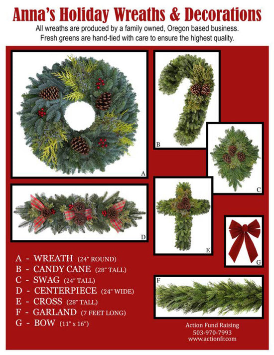 Brochure for Anna's Holiday Wreaths & Decorations with various wreath products on a red background.